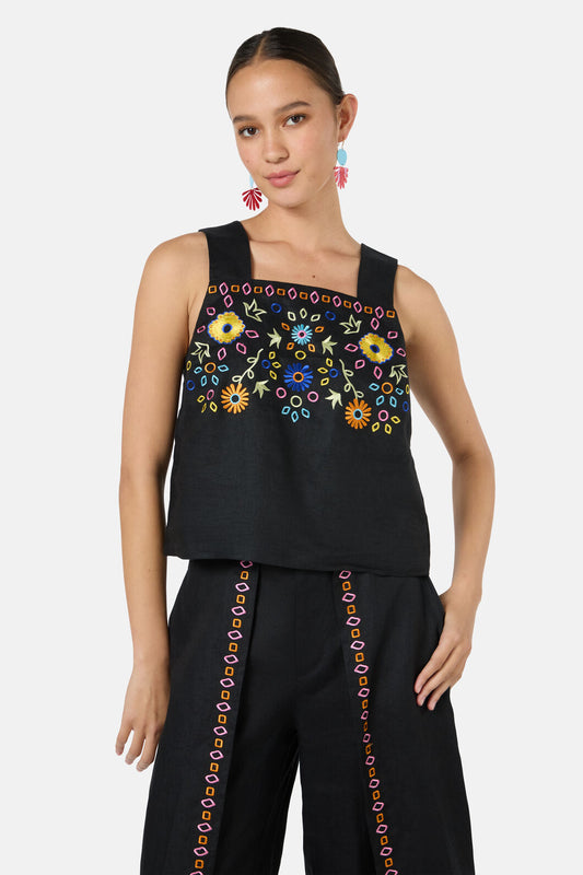 Gorman NZ - Tropic Pop Embroidered Tank - black