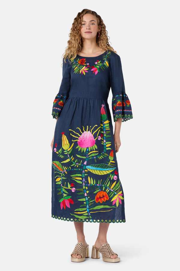 Gorman NZ - Pretty Protea EmbroideredDress - navy