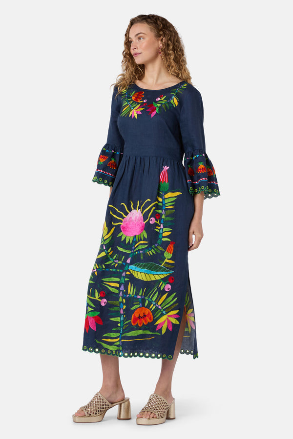 Gorman NZ - Pretty Protea EmbroideredDress - navy