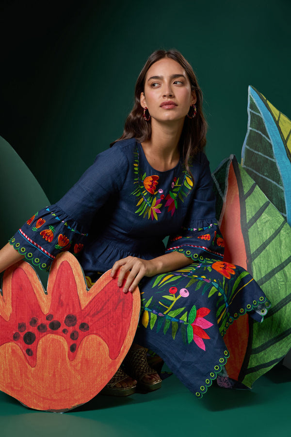 Gorman NZ - Pretty Protea EmbroideredDress - navy