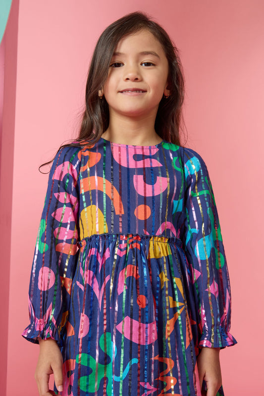 Gorman NZ - Playful Shapes Frill Kids Dress - blue