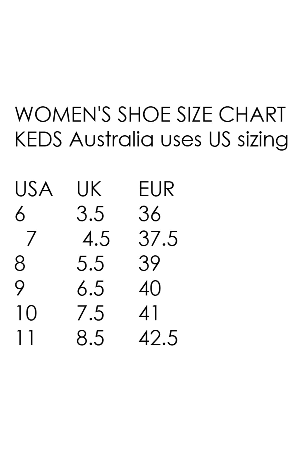 Size chart keds online